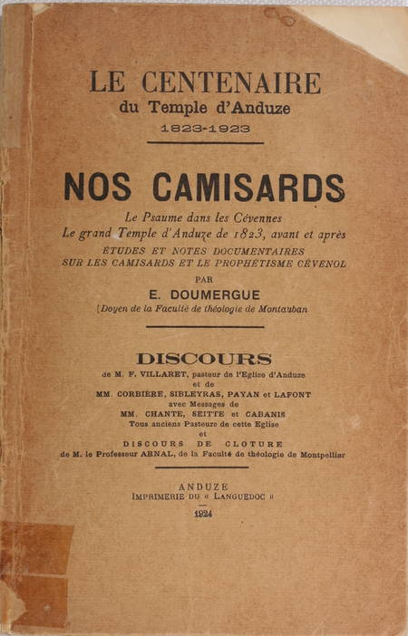 DOUMERGUE Le centenaire du temple d'Anduze 1823-1923. Nos camisards - 1924 - Photo 0, livre rare du XXe siècle