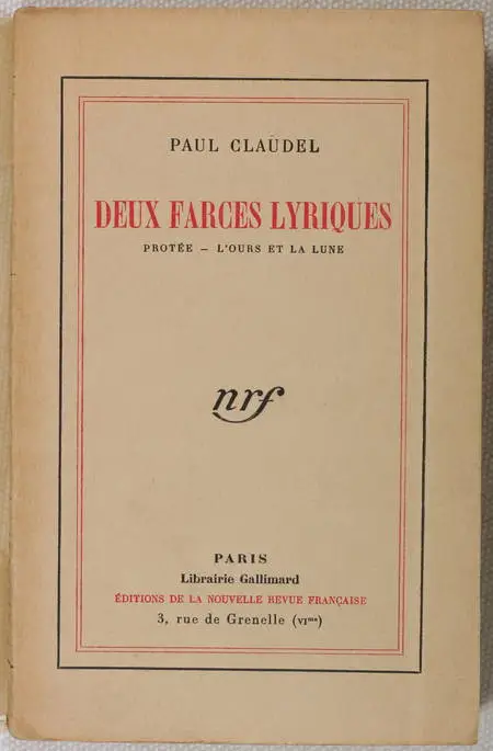 [Théâtre] CLAUDEL Deux farces lyriques. Protée. L ours et la lune 1927 - Lafuma - Photo 1, livre rare du XXe siècle