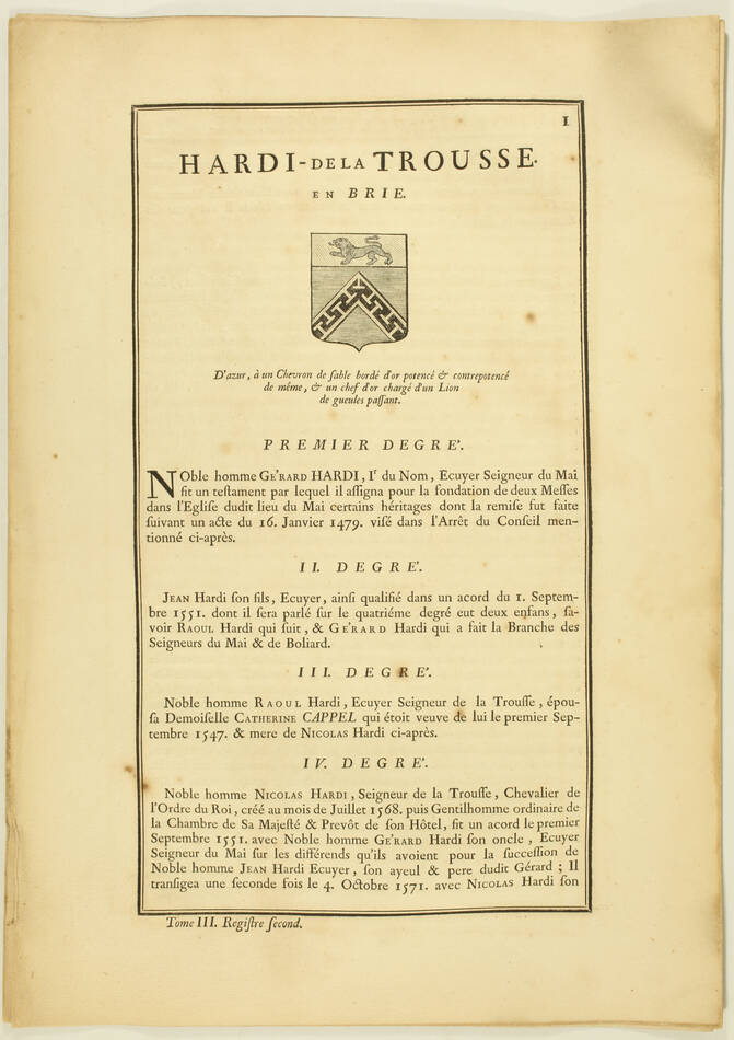 HOZIER - Généalogie Hardi de la Trousse en Brie - 1741 - Photo 1, livre ancien du XVIIIe siècle