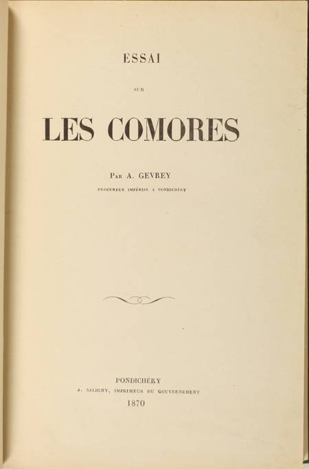 GEVREY - Essai sur les Comores - Pondichéry, 1870 - Photo 0, livre rare du XIXe siècle