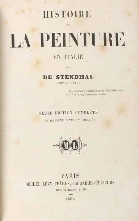 STENDHAL - Histoire de la peinture en Italie - 1854 - 1ere in-12 en partie orig. - Photo 0, livre rare du XIXe siècle