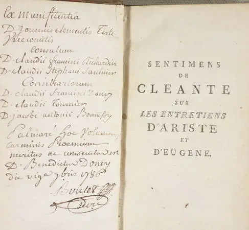 BARBIER d'AUCOUR. Sentimens de Cléante sur les entretiens d'Ariste et d'Eugène. Quatrième édition revue et corrigée; où l'on a joint les deux factums du même auteur, pour Jacques le Brun, livre ancien du XVIIIe siècle