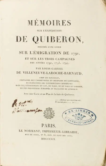 VILLENEUVE-LAROCHE-BARNAUD - Mémoires sur l'expédition de Quiberon - 1819 - Photo 0 - livre d'occasion