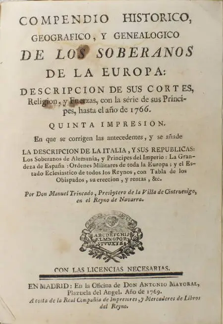 Photo livre n°2. TRINCADO Don Manuel. Compendio historica geografico y genealogico, livre ancien du XVIIIe siècle