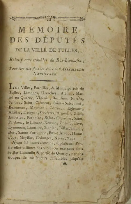 Mémoire des députés de la ville de Tulle - Troubles du bas-Limousin 1789 Corrèze - Photo 0, livre ancien du XVIIIe siècle