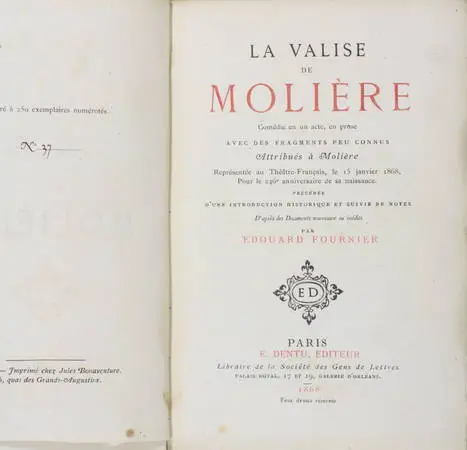 La valise de Molière - Comédie en un acte - 1868 - Edouard Fournier - 1/250 - Photo 0, livre rare du XIXe siècle