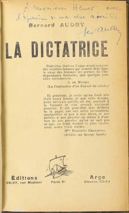 Bernard AUDRY - La dictatrice - 1928 - Envoi de l'auteur - Photo 0 - livre du XXe siècle
