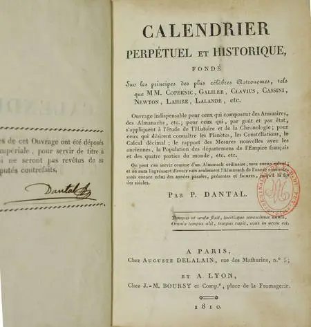 Photo livre n°3. DANTAL P. Calendrier perpétuel et historique fondé, livre ancien du XIXe siècle