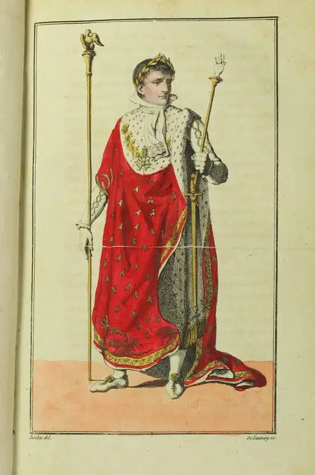 P***** (L.-I.). Cérémonial de l'empire français; contenant, 1e : Les honneurs civils et militaires à rendre aux autorités militaire, civiles et ecclésiastiques de l'Empire, et aux différentes personnes occupant des places, à qui il en est dû d'après le décret impérial; 2e : Les grands et petits costumes, et uniformes des autorités civiles et militaires de l'Empire; 3e : Les fonctions et attributions de ces mêmes autorités; 4e : Ce qui a rapport aux cérémonies publiques en général, les rangs et places qu'y doivent avoir les autorités, tout ce qui concerne la légion d'honneur, les lois et arrés organiques sur les différents cultes, les uniformes des officiers de l'armée de terre et de la marine, ce qui constitue l'étiquette de la cour, la composition des maisons de l'empereur, de l'impératrice et des princes français, la manière dont on doit parler et écrire aux personnes qui occupent des places dans l'Etat; les cérémonies du sacre et du couronnement de l'empereur Napoléon, l'origine des principaux titres et dignités de l'Empire français, les cérémonies et honneurs funèbres, deuils, etc. suivi d'une table analytique des matières contenues dans l'ouvrage; par L.-I. P*****; avec les portraits en pied de l'empereur, de l'impératrice et du pape, revêtus de leurs habits de cérémonies, coloriés, livre ancien du XIXe siècle