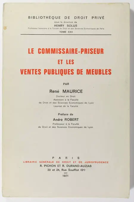 MAURICE - Le commissaire priseur et les ventes publiques meubles - 1971 - Photo 0, livre rare du XXe siècle
