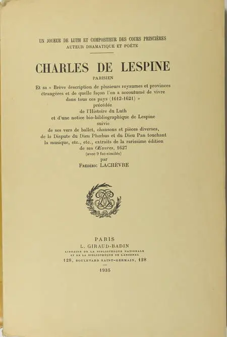 LACHEVRE - Charles de Lespine, joueur de luth parisien du 17e - 1935 - Photo 0 - livre de bibliophilie