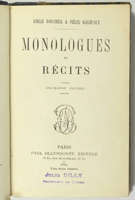 Photo livre n°3. BOUCHER Emile et. Monologues et récits, livre rare du XIXe siècle