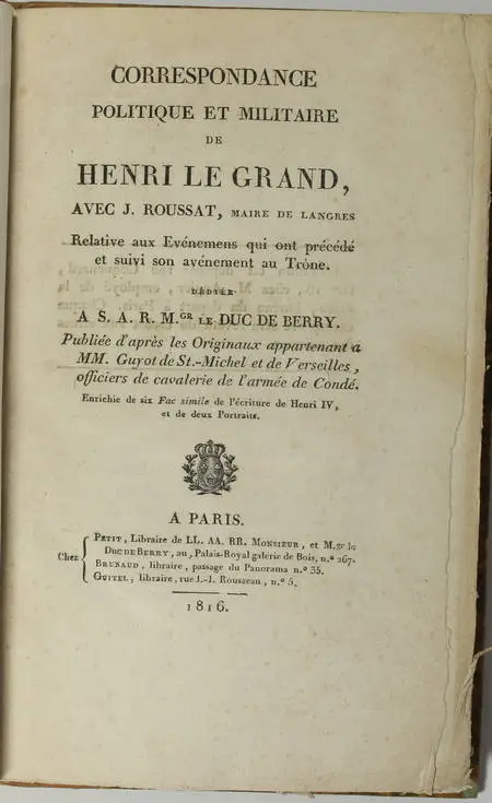 Correspondance de Henri IV avec Roussat, maire de Langres - 1816 - Photo 2, livre rare du XIXe siècle