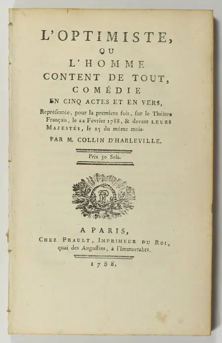 COLLIN d'HARLEVILLE - L'optimiste ou l'homme content de tout - 1788 - Photo 0 - livre ancien