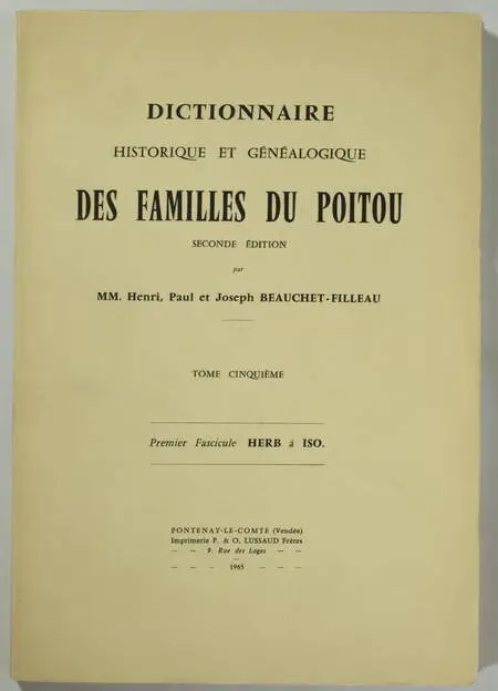 BEAUCHET-FILLEAU - Familles du Poitou : Herb à Iso - 1965 - Photo 0 - livre du XXe siècle