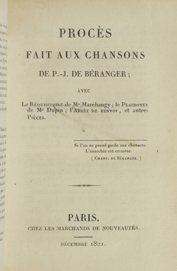 Procès fait aux chansons de Béranger, avec le réquisitoire - 1821 - Photo 0, livre rare du XIXe siècle