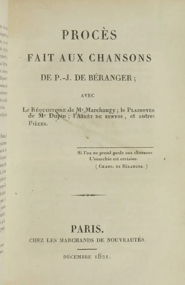 Procès fait aux chansons de Béranger, avec le réquisitoire - 1821 - Photo 0, livre rare du XIXe siècle