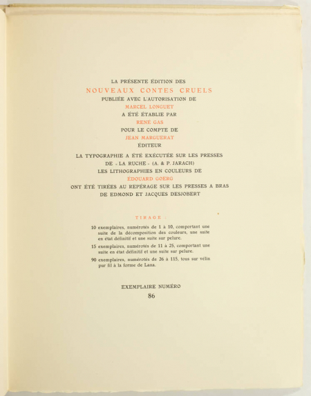 VILLIERS de l ISLE ADAM - Nouveaux contes cruels - 1947 - Ill. par GOERG 1/115 - Photo 3, livre rare du XXe siècle