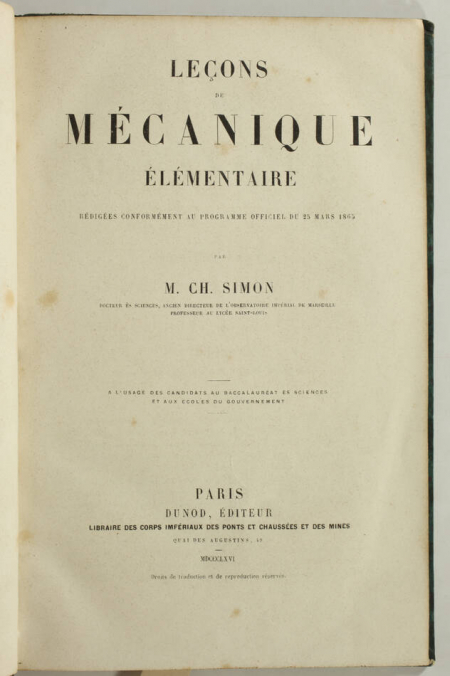 SIMON - Leçons de mécanique élémentaire - 1866 - 174 figures - Photo 2, livre rare du XIXe siècle