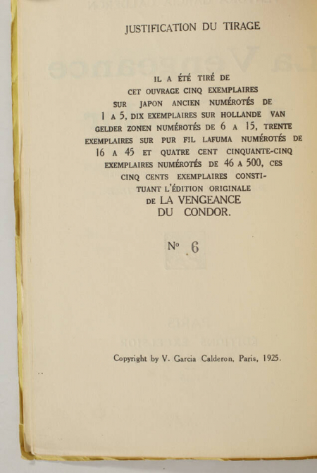 GARCIA CALDERON - La vengeance du condor - Récits péruviens - 1925 - 1/10 EO - Photo 0, livre rare du XXe siècle