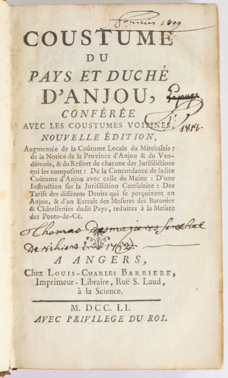 Durson - Coutume du pays et duché d'Anjou - Angers, 1751 - Photo 0, livre ancien du XVIIIe siècle