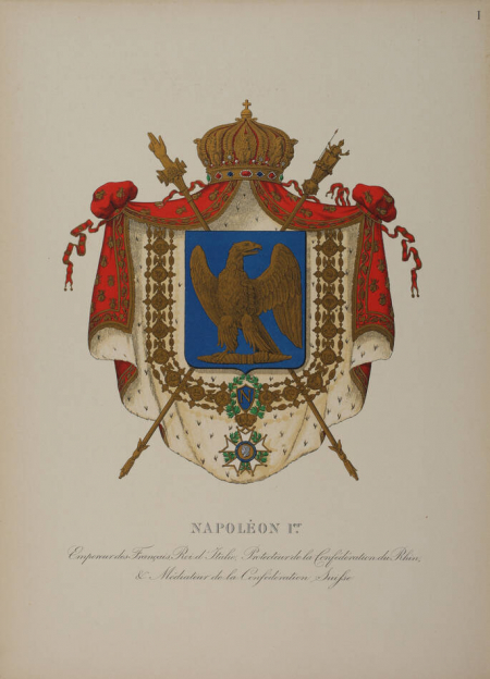 REVEREND (Vicomte A.) et VILLEROY (Comte Eugène). Armorial du premier empire. Album des armoiries concédées par lettres-patentes de Napoléon Ier, 1808-1815. Précédées des armoiries de l'Empereur, des grands dignitaires et grands officiers de l'Empire et des membres de la famille impériale, avec tableaux des signes extérieurs et intérieurs des armoiries impériales pour les princes, ducs, comtes, comtesses, barons, baronnes et chevaliers de l'Empire et de la Réunion, livre rare du XXe siècle