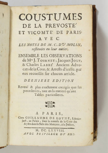 MOLIN - Coustumes de la prevosté et vicomté de Paris - 1678 - Photo 2, livre ancien du XVIIe siècle