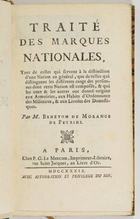 Traité des marques nationales - 1739 - Armoiries, habits et livrées - Photo 0, livre ancien du XVIIIe siècle