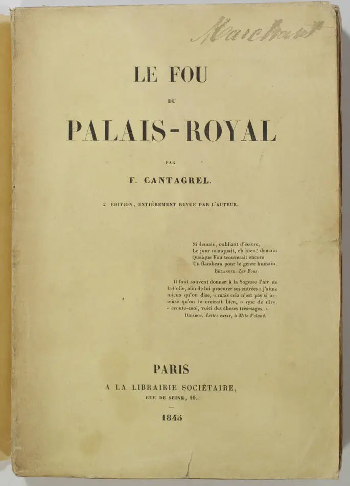 [Fouriérisme] CANTAGREL - Le fou du Palais-Royal - 1845 - Photo 0, livre rare du XIXe siècle