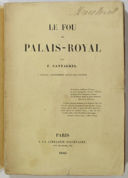 [Fouriérisme] CANTAGREL - Le fou du Palais-Royal - 1845 - Photo 0, livre rare du XIXe siècle