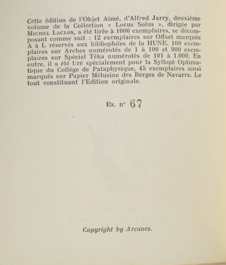 Alfred JARRY - L'objet aimé - 1953 - 1/100 sur Arches - EO - Photo 0, livre rare du XXe siècle