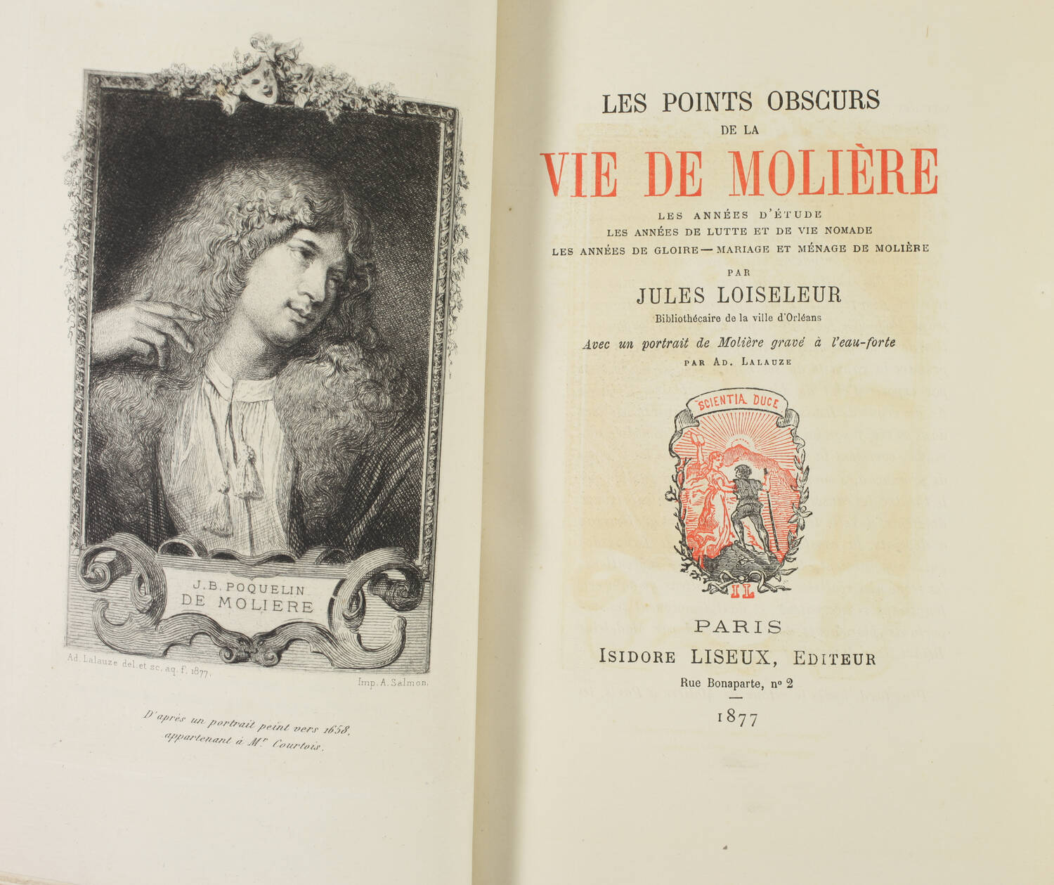 LOISELEUR - Les points obscurs de la vie de Molière - 1877 - Reliure signée - Photo 1, livre rare du XIXe siècle