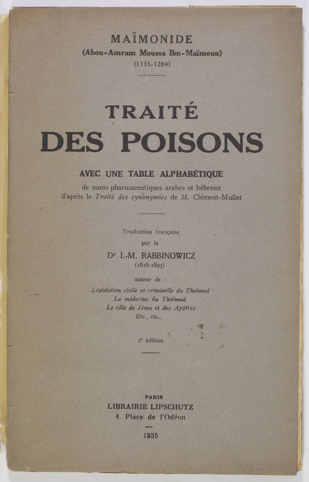 MAIMONIDE - Traité des poisons - 1935 - Traduction de Rabbinowicz - Photo 0, livre rare du XXe siècle