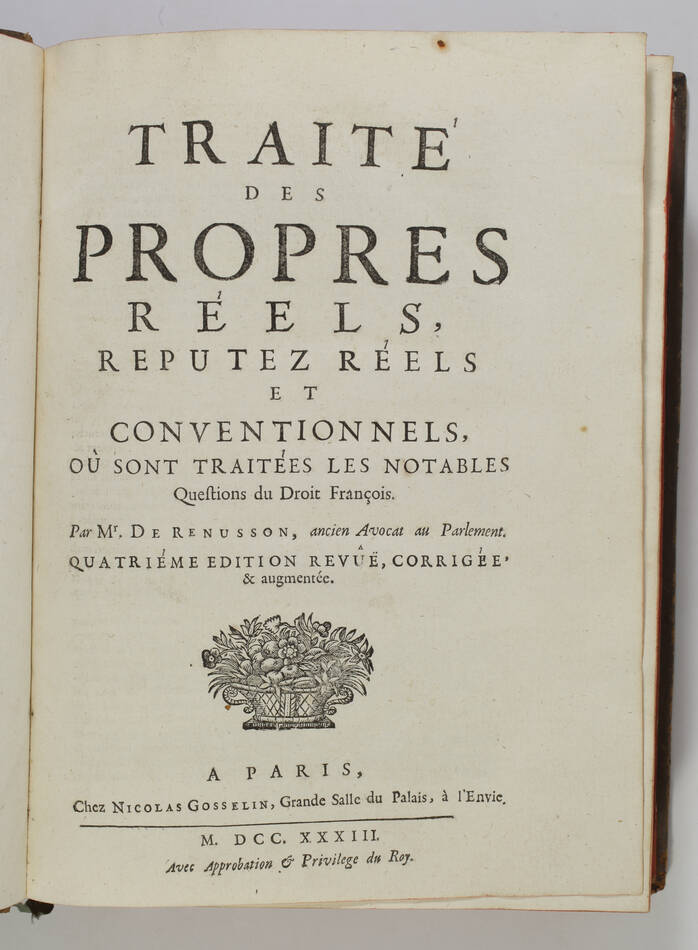 RENUSSON Traité des propres réels, reputez réels et conventionnels - 1733 - In-4 - Photo 1, livre ancien du XVIIIe siècle