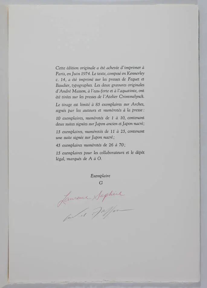 Lawrence SAPHIRE. Poèmes - Poems - 1974 - 2 gravures d André Masson - Signé - Photo 2, livre rare du XXe siècle