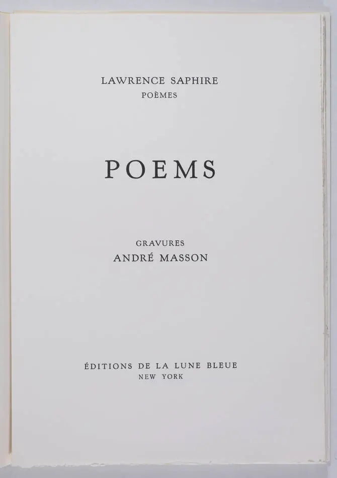 Lawrence SAPHIRE. Poèmes - Poems - 1974 - 2 gravures d André Masson - Signé - Photo 3, livre rare du XXe siècle