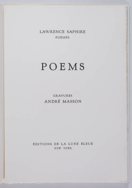 Lawrence SAPHIRE. Poèmes - Poems - 1974 - 2 gravures d André Masson - Signé - Photo 3, livre rare du XXe siècle