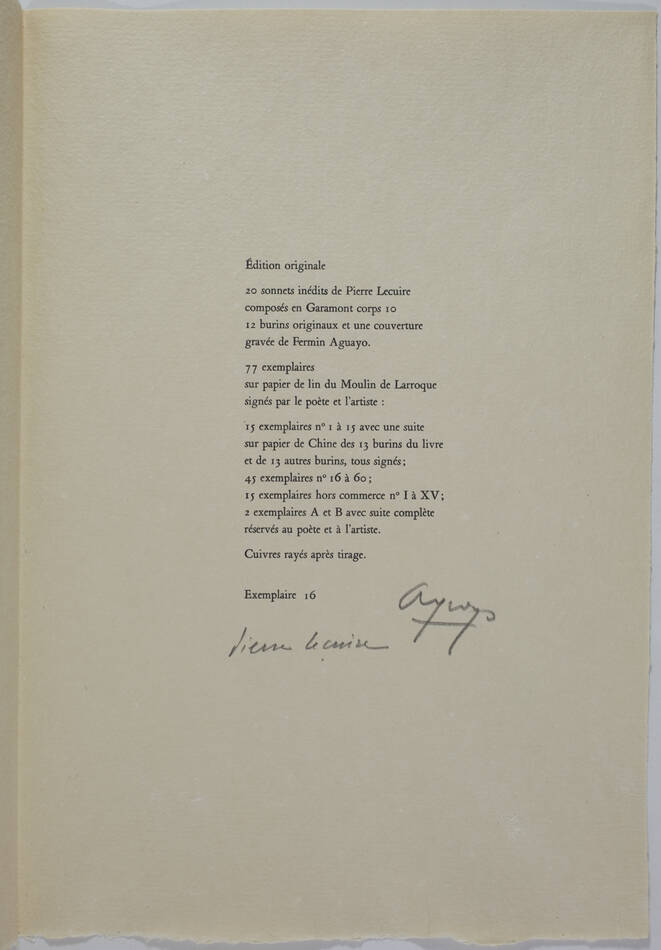 LECUIRE - Sonnets funèbres - 1975 - Gravures d Aguayo + Calligramme manuscrit - Photo 4, livre rare du XXe siècle